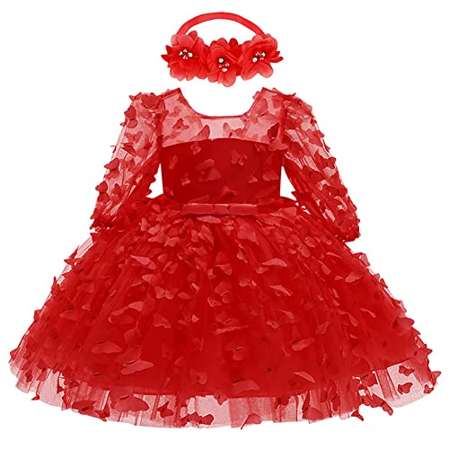 Taufkleid Baby Mädchen Langarm 3D Schmetterling Prinzessin Tutu Tüllkleid+Blume Stirnband Erster 1 Geburtstag Outfit Neugeborenen Sachen Erstausstattung Set Babykleidung Fotoshooting Rot 12 Monate von Odizli
