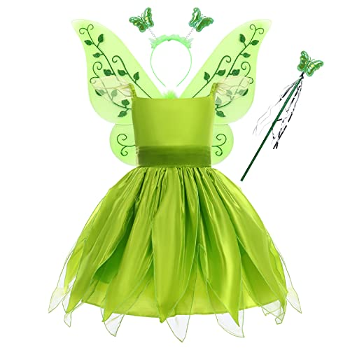 Tinkerbell Kostüm Mädchen Kinder Prinzessin Tüllkleid+Schmetterlings Feenflügel+Zauberstab+Haarreifen Halloween Weihnachten Karneval Verkleidungskiste Verkleidung Faschingskostüme Grün-Kurz 4-5 Jahre von Odizli