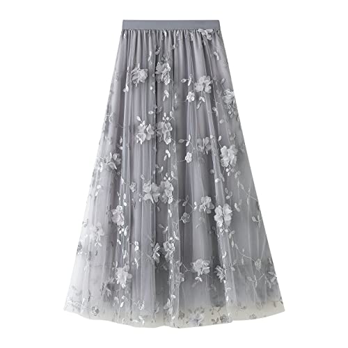 Tüllrock Damen Lang Rock Elegant Vintage Blume Stickerei Elastisch High Waist A Linie Swing Midi Sommer Faltenrock Plisseerock Winterrock Maxirock Frauen Festlich Fee Tutu Röcke Grau Blume L von Odizli