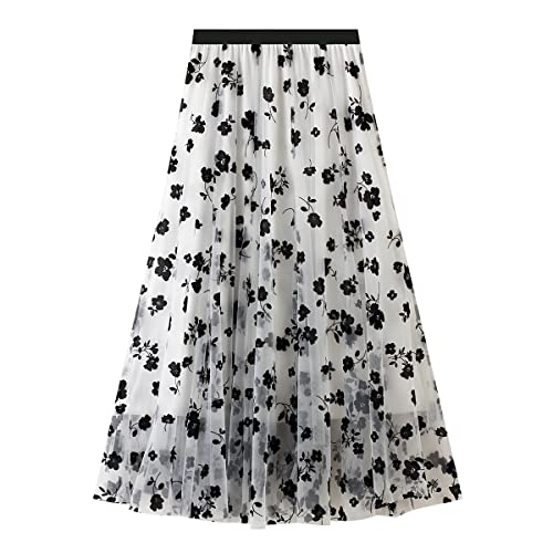 Tüllrock Damen Lang Rock Elegant Vintage Blume Stickerei Elastisch High Waist A Linie Swing Midi Sommer Faltenrock Plisseerock Winterrock Maxirock Frauen Festlich Fee Tutu Röcke Weiß L von Odizli