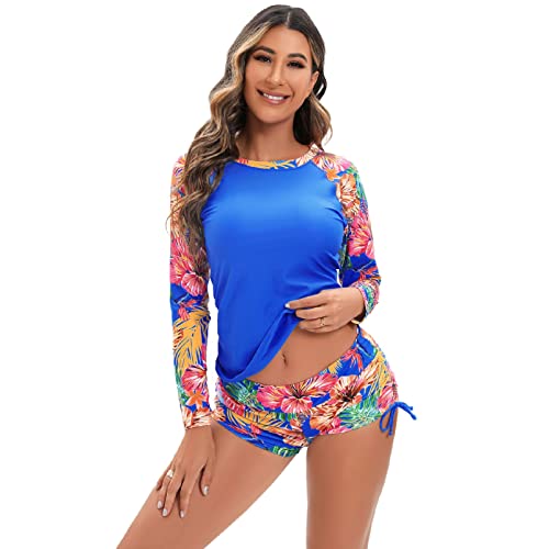 UV Shirt Damen Wasser Langarm Blume Schwimmshirt Bade Tankini Oberteil Shorts Schwimmhose Schwimmanzug Badeanzug mit Bein Frauen UPF 50+ Rashguard Bademode Kurz Strandmode Surfanzug Blau #A XXL von Odizli