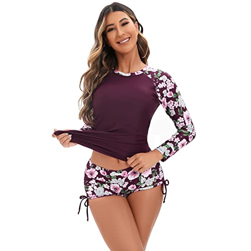 UV Shirt Damen Wasser Langarm Blume Schwimmshirt Bade Tankini Oberteil Shorts Schwimmhose Schwimmanzug Badeanzug mit Bein Frauen UPF 50+ Rashguard Bademode Kurz Strandmode Surfanzug Fuchsia L von Odizli