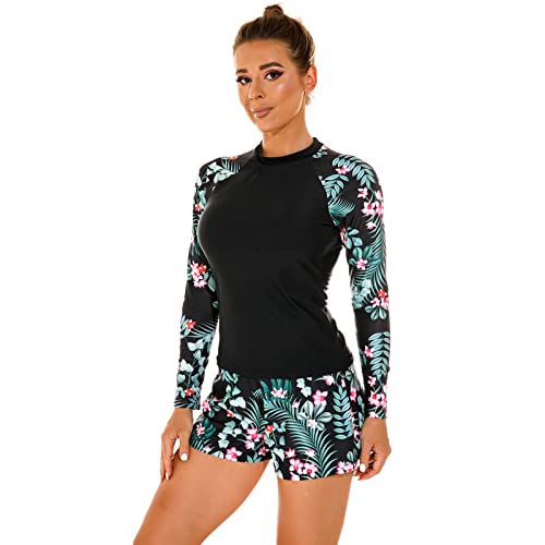 UV Shirt Damen Wasser Langarm Blume Schwimmshirt Bade Tankini Oberteil Shorts Schwimmhose Schwimmanzug Badeanzug mit Bein Frauen UPF 50+ Rashguard Bademode Kurz Strandmode Surfanzug Grün M von Odizli