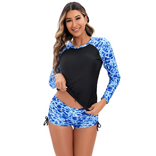 UV Shirt Damen Wasser Langarm Blume Schwimmshirt Bade Tankini Oberteil Shorts Schwimmhose Schwimmanzug Badeanzug mit Bein Frauen UPF 50+ Rashguard Bademode Kurz Strandmode Surfanzug Himmelblau L von Odizli