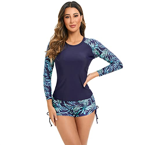 UV Shirt Damen Wasser Langarm Blume Schwimmshirt Bade Tankini Oberteil Shorts Schwimmhose Schwimmanzug Badeanzug mit Bein Frauen UPF 50+ Rashguard Bademode Kurz Strandmode Surfanzug Marineblau #A XL von Odizli