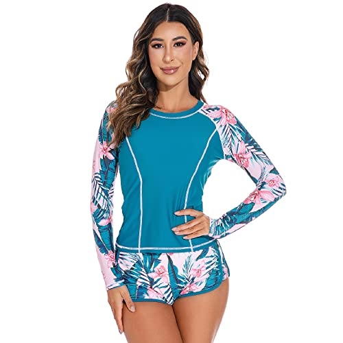 UV Shirt Damen Wasser Langarm Blume Schwimmshirt Bade Tankini Oberteil Shorts Schwimmhose Schwimmanzug Badeanzug mit Bein Frauen UPF 50+ Rashguard Bademode Kurz Strandmode Surfanzug Pfauenblau #A L von Odizli