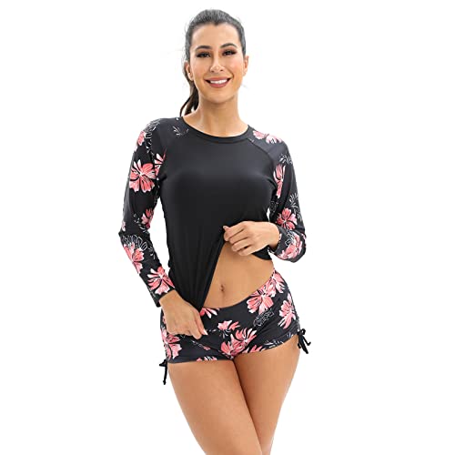 UV Shirt Damen Wasser Langarm Blume Schwimmshirt Bade Tankini Oberteil Shorts Schwimmhose Schwimmanzug Badeanzug mit Bein Frauen UPF 50+ Rashguard Bademode Kurz Strandmode Surfanzug Rosa M von Odizli