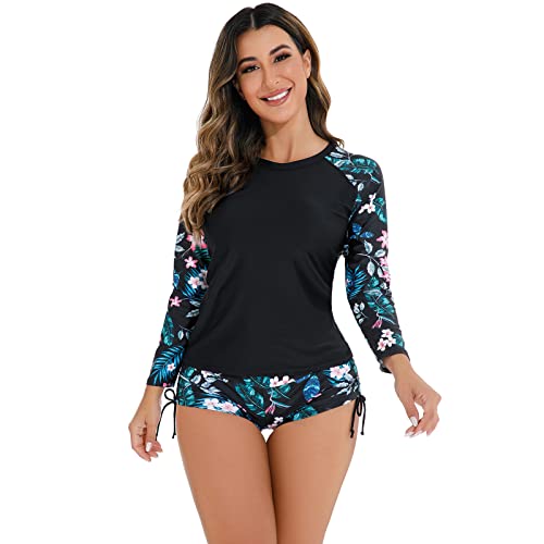 UV Shirt Damen Wasser Langarm Blume Schwimmshirt Bade Tankini Oberteil Shorts Schwimmhose Schwimmanzug Badeanzug mit Bein Frauen UPF 50+ Rashguard Bademode Kurz Strandmode Surfanzug Schwarz #A M von Odizli