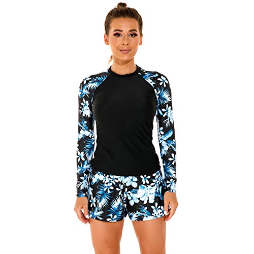 UV Shirt Damen Wasser Langarm Blume Schwimmshirt Bade Tankini Oberteil Shorts Schwimmhose Schwimmanzug Badeanzug mit Bein Frauen UPF 50+ Rashguard Bademode Kurz Strandmode Surfanzug Schwarz L von Odizli