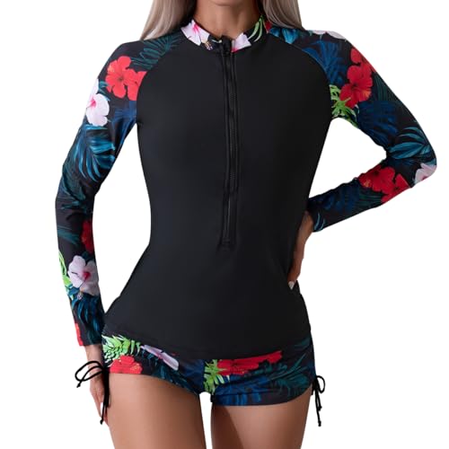 UV Shirt Damen Wasser Langarm Blume Schwimmshirt Bade Tankini Oberteil Shorts Schwimmhose Schwimmanzug Badeanzug mit Bein Frauen UPF 50+ Rashguard Bademode Kurz Strandmode Surfanzug Schwarz Rot M von Odizli
