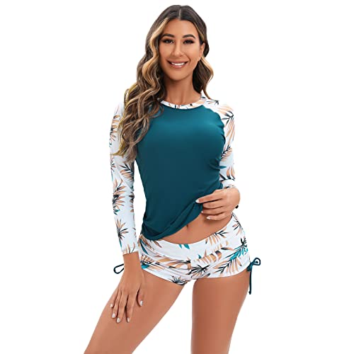 UV Shirt Damen Wasser Langarm Blume Schwimmshirt Bade Tankini Oberteil Shorts Schwimmhose Schwimmanzug Badeanzug mit Bein Frauen UPF 50+ Rashguard Bademode Kurz Strandmode Surfanzug Türkis L von Odizli