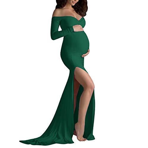 Umstandskleid Fotoshooting Babybauch Shooting Outfit Damen Elegant Sexy V-Ausschnitt Side Split Meerjungfrau Langes Schwangerschaftskleider Schwanger Festlich Hochzeit Abendkleider Grün-Langarm M von Odizli