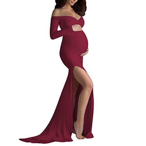 Umstandskleid Fotoshooting Babybauch Shooting Outfit Damen Elegant Sexy V-Ausschnitt Side Split Meerjungfrau Langes Schwangerschaftskleider Schwanger Festlich Hochzeit Abendkleider Weinrot-Langarm L von Odizli