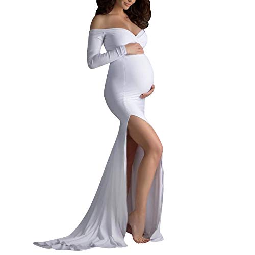 Umstandskleid Fotoshooting Babybauch Shooting Outfit Damen Elegant Sexy V-Ausschnitt Side Split Meerjungfrau Langes Schwangerschaftskleider Schwanger Festlich Hochzeit Abendkleider Weiß-Langarm L von Odizli