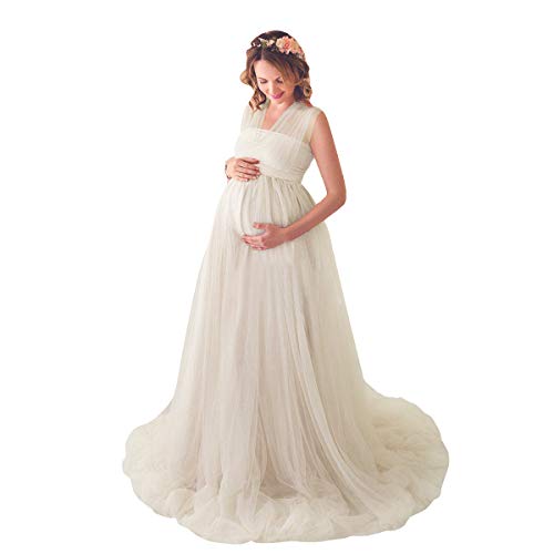 Umstandskleid Fotoshooting Babybauch Shooting Outfit Infinity Tüll Wickelkleid Elegant Sommer Lang Schwanger Kleidung Festlich Hochzeit Abendkleid Umstandsmode Schwangerschaft Maxikleider Aprikose XL von Odizli