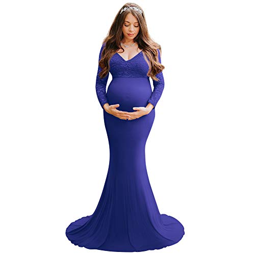 Umstandskleid Fotoshooting Babybauch Shooting Outfit Langarm Spitze Schulterfreies Schwanger Festlich Hochzeit Elegant Abendkleider Umstandsmode Schwangerschaft Maxikleider Blau M von Odizli