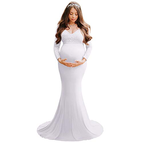 Umstandskleid Fotoshooting Babybauch Shooting Outfit Langarm Spitze Schulterfreies Schwanger Festlich Hochzeit Elegant Abendkleider Umstandsmode Schwangerschaft Maxikleider Weiß L von Odizli