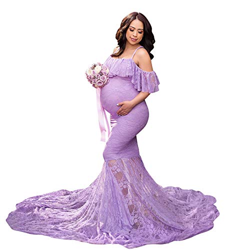 Umstandskleid Fotoshooting Babybauch Shooting Outfit Off Shoulder Blume Spitze Rüschen Langes Schwanger Kleidung Festlich Hochzeit Elegant Abendkleider Umstandsmode Schwangerschaft Maxikleider Lila XL von Odizli