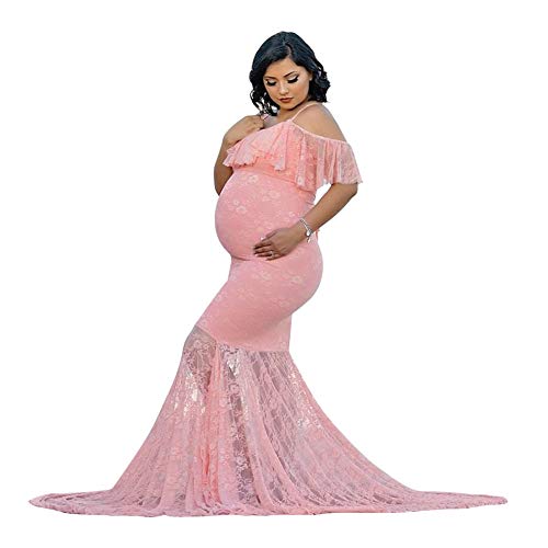 Umstandskleid Fotoshooting Babybauch Shooting Outfit Off Shoulder Blume Spitze Rüschen Langes Schwanger Kleidung Festlich Hochzeit Elegant Abendkleider Umstandsmode Schwangerschaft Maxikleider Rosa L von Odizli