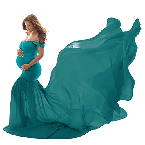 Umstandskleid Fotoshooting Babybauch Shooting Outfit Schulterfreies Chiffon Tüll Meerjungfrau Langes Schwanger Kleidung Festlich Hochzeit Elegant Abendkleider Umstandsmode Dunkelgrün Einheitsgröße von Odizli