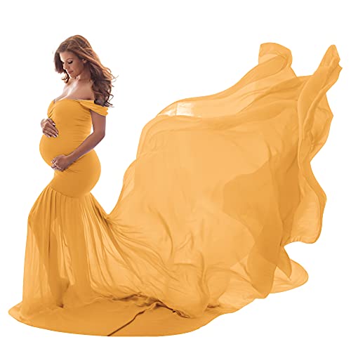 Umstandskleid Fotoshooting Babybauch Shooting Outfit Schulterfreies Chiffon Tüll Meerjungfrau Langes Schwanger Kleidung Festlich Hochzeit Elegant Abendkleider Umstandsmode Gelb Einheitsgröße von Odizli