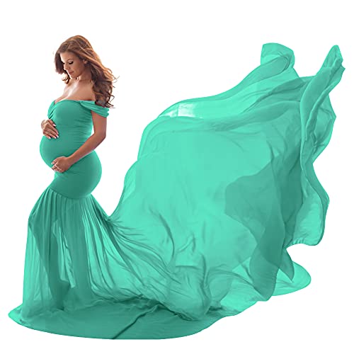 Umstandskleid Fotoshooting Babybauch Shooting Outfit Schulterfreies Chiffon Tüll Meerjungfrau Langes Schwanger Kleidung Festlich Hochzeit Elegant Abendkleider Umstandsmode Grün Einheitsgröße von Odizli