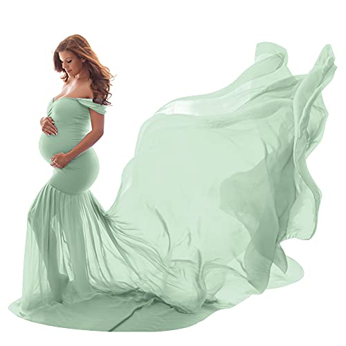 Umstandskleid Fotoshooting Babybauch Shooting Outfit Schulterfreies Chiffon Tüll Meerjungfrau Langes Schwanger Kleidung Festlich Hochzeit Elegant Abendkleider Umstandsmode Hellgrün Einheitsgröße von Odizli