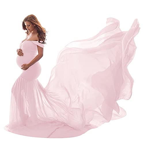 Umstandskleid Fotoshooting Babybauch Shooting Outfit Schulterfreies Chiffon Tüll Meerjungfrau Langes Schwanger Kleidung Festlich Hochzeit Elegant Abendkleider Umstandsmode Rosa Einheitsgröße von Odizli