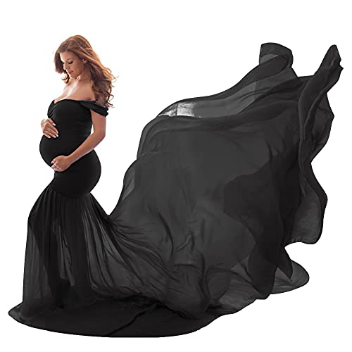 Umstandskleid Fotoshooting Babybauch Shooting Outfit Schulterfreies Chiffon Tüll Meerjungfrau Langes Schwanger Kleidung Festlich Hochzeit Elegant Abendkleider Umstandsmode Schwarz Einheitsgröße von Odizli