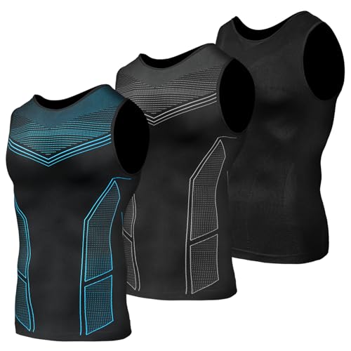 Odoland 3er Pack Herren Shapewear, Bauchfrei Schlankheits Unterhemd Tank Top Herren,Linie Grau/Linie Blau/Schwarz,XXL von Odoland