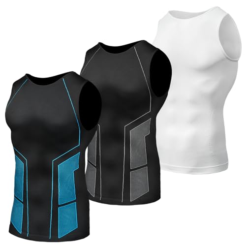 Odoland 3er Pack Unterhemden Herren Compression Shirt Tank top Bauchweg Herren Ärmelloses T-Shirts,Line Grau/Line Blau/Weiß, L von Odoland