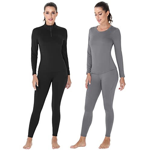 Odoland Thermo-Unterwäsche-Set für Damen, 4 Stück Ski Base Layer Frauen Atmungsaktive Thermo-Unterschicht Damen Warm Langarm Oberteile & Hose für Wintersport, R-grau/H-schwarz, 48 von Odoland