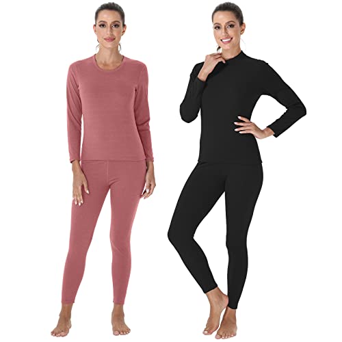 Odoland Thermounterwäsche Set Damen, 4er Pack ultraweiche Thermo-Unterwäsche, Thermooberteil & Thermohose Leggings Funktionsunterwäsche Sets, Orange/Schwarz/L von Odoland