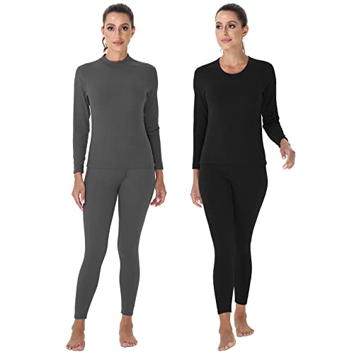 Odoland Thermounterwäsche Set Damen, 4er Pack ultraweiche Thermo-Unterwäsche, Thermooberteil & Thermohose Leggings Funktionsunterwäsche Sets, schwarz/Grau/L von Odoland