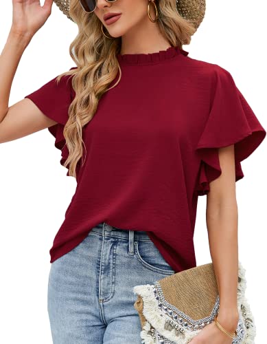 Bluse Damen,Elegant Chiffon Musselin Kurzarm Sommer Oberteile Festlich Gemütliche Gerüschtem Hals Basic Tunika Top Lose Business Casual Rote Reise Club Oberteil Shirt von Odosalii