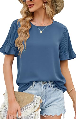 Bluse Damen Kurzarm Musselin Chiffon Long Festliche Hellblau Blusen Sommer Schicke Elegante Lockere Oberteile Rundhalsausschnitt RüSchenäRmel Blusenshirt von Odosalii