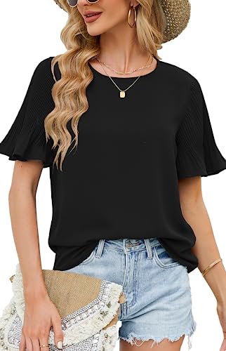 Blusen Damen Elegant Festlich Kurzarm Schwarze Bluse Sommer Locker Oberteile Chiffon Einfarbig Shirt Rundhalsausschnitt Plissierter ÄRmel BüRo Bluseshirt von Odosalii