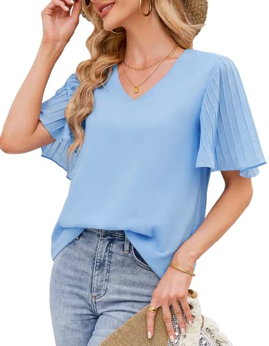 Blusen Damen Sommer Rüschenärmel Kurzarm T-Shirt Damen Elegante Tunika Leichte Shirts Casual Tops für Legging V-Ausschnitt Plissee Sexy Oberteile von Odosalii