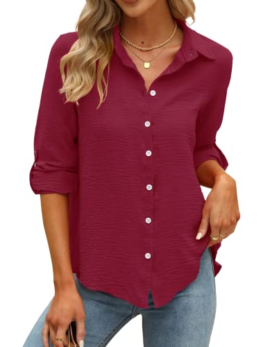 Damen Bluse V-Ausschnitt Hemden, Elegant Casual Festlich Langarm Arbeit Herbst Oberteile Oberteil Leichte Oversize 3/4 Ärmel Tops Langarmshirt Longshirt Longbluse mit KnöPfen (Weinrot,X-Large) von Odosalii