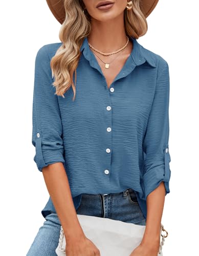 Damen Elegant Bluse,V-Ausschnitt Kragen 3/4 Arm Einfarbig Casual Tunika Tops,Basic Loose Locker Musselin Hemdbluse,Button Down Office Wear Trendy Oberteile Tops Oberteile Tshirts (Grau Blau,Large) von Odosalii