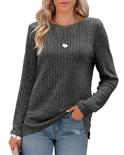 Damen Herbst Tops Lässige Langarmshirt Gerippter Rundkragen Pullover Schlitz Sexy Oberteil Oversize Sweatshirt Strickpullover Pulli Longtops Strickjacken Frühling von Odosalii