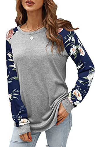 Damen Langarm Blumen Pullover,Basic Langarmshirt,Tunika Damen Herbst,Oberteile Shirt Tops(Grau, Large) von Odosalii