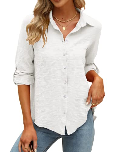 Damen Longshirt Sommer Herbst Elegant 3/4 Arm Shirts Bluse V Ausschnitt Kariert Freizeit Leichte Langarm Tops Fashion Flowy Musselin Business Casual Weiss Oberteil Longbluse(Weiß,Medium) von Odosalii