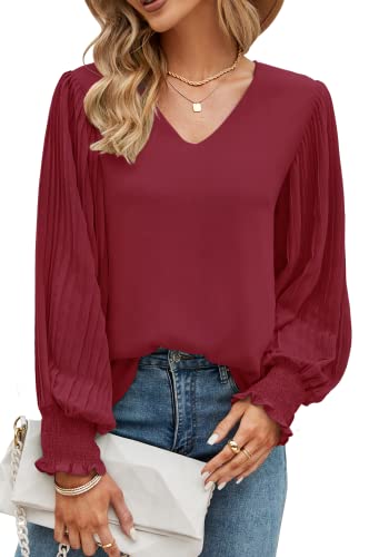 Frauen V-Ausschnitt Bluse Elegant Langarmshirt Chiffon Oberteile Herbst Casual Lose Laternenärmel Shirts Hemdbluse Tunika Tops Pullover Hemd von Odosalii