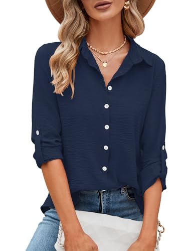 Odosalii Hemdbluse Damen Elegant Freizeit Musselin Bluse Damen Herbst Kurzarm V Ausschnitt 3/4 Arm Blusen Longshirt Leichte Lässige Vorne Kurz Hinten Lang Büro Oberteile Shirts Tops(Navy Blau,Small) von Odosalii