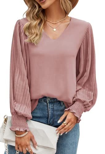 Langarmshirt Damen,Einfarbig Elegant Chiffon Oberteile Sexy Lose Fit Laternenärmel Hemdbluse V-Ausschnitt Tunika Top Shirt Hemd Blusen von Odosalii