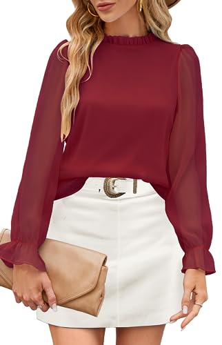 Langarmshirt Damen Elegant Musselin Herbst Tops mit Kragen Lässige Puffärmel Oberteile Festlich Rüschen Manschetten Bluse Shirts Schlupfbluse von Odosalii