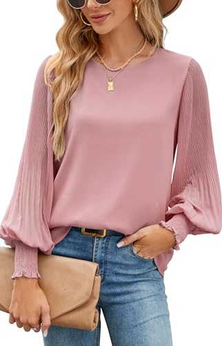 Langarmshirt Damen Herbst Puffärmel Musselin Chiffon Bluse Elegant Lockerer Luftiges Oberteil Rundhalsausschnitt Casual Langarm Tunika Tops Hemd Longshirt von Odosalii