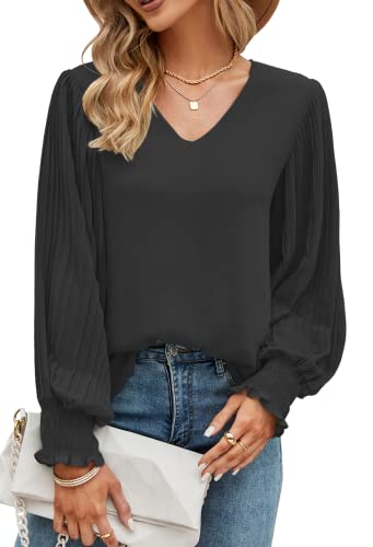 Musselin Bluse Damen,V Ausschnitt Spitzen Chiffon Blusen Festlich Elegant Sexy Tops Casual Langarmshirt Blusenshirt Schwarze T Shirt Pullover Longbluse Tunika Oberteil von Odosalii