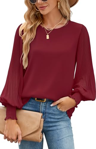 Odosalii Musselin Bluse Damen Elegant Chiffon Langarm Blusen Herbst Festlich Oberteil Für Party Hochzeit Lockerer Oktoberfest Rundhals Longtops Luftiges Doppellagige Swing Tunika Tops Für Leggings von Odosalii